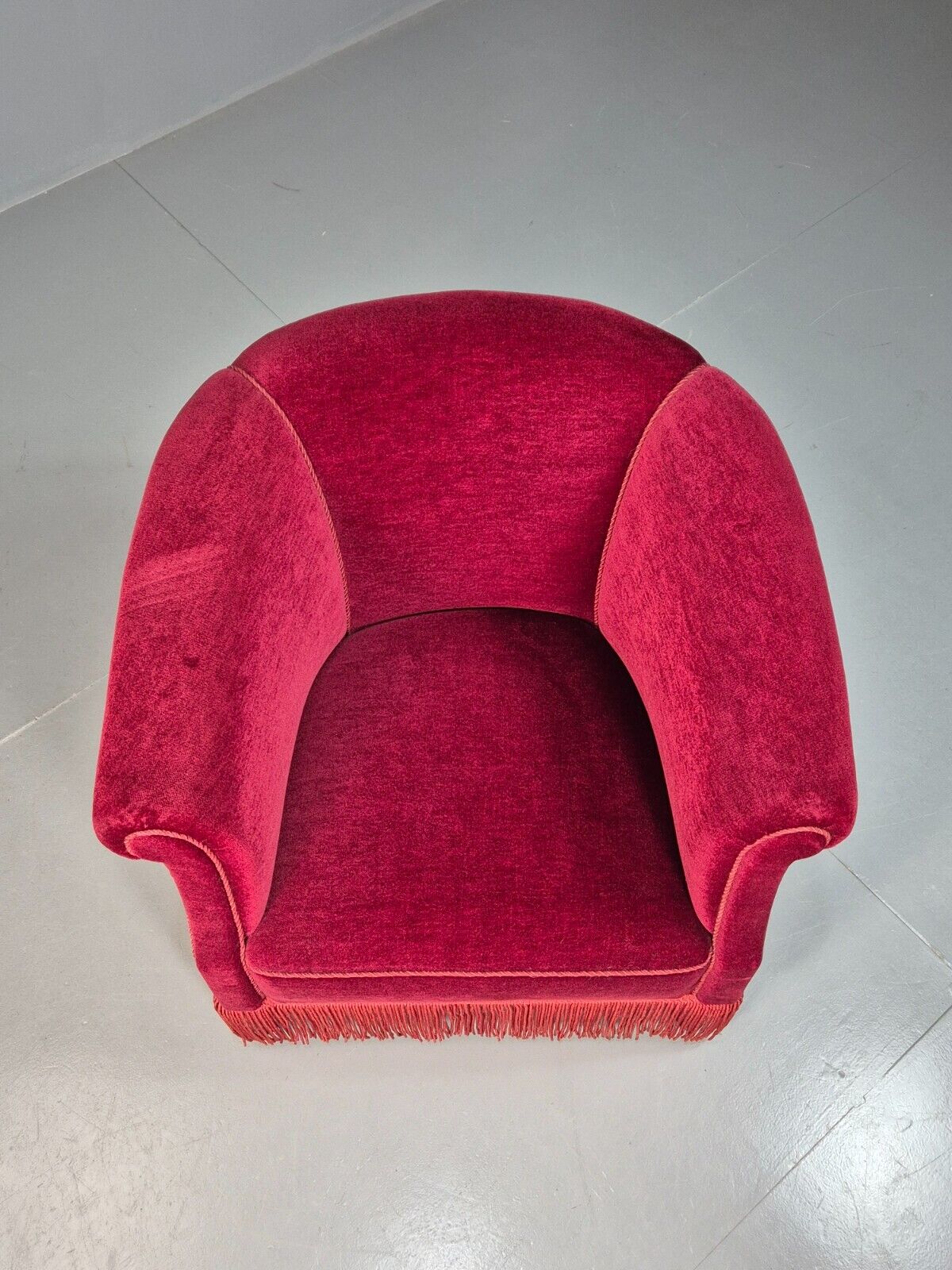 Vintage Danish Red Velour Tub Chair With Tassels Cabriole Legs  EB8013 VCLO