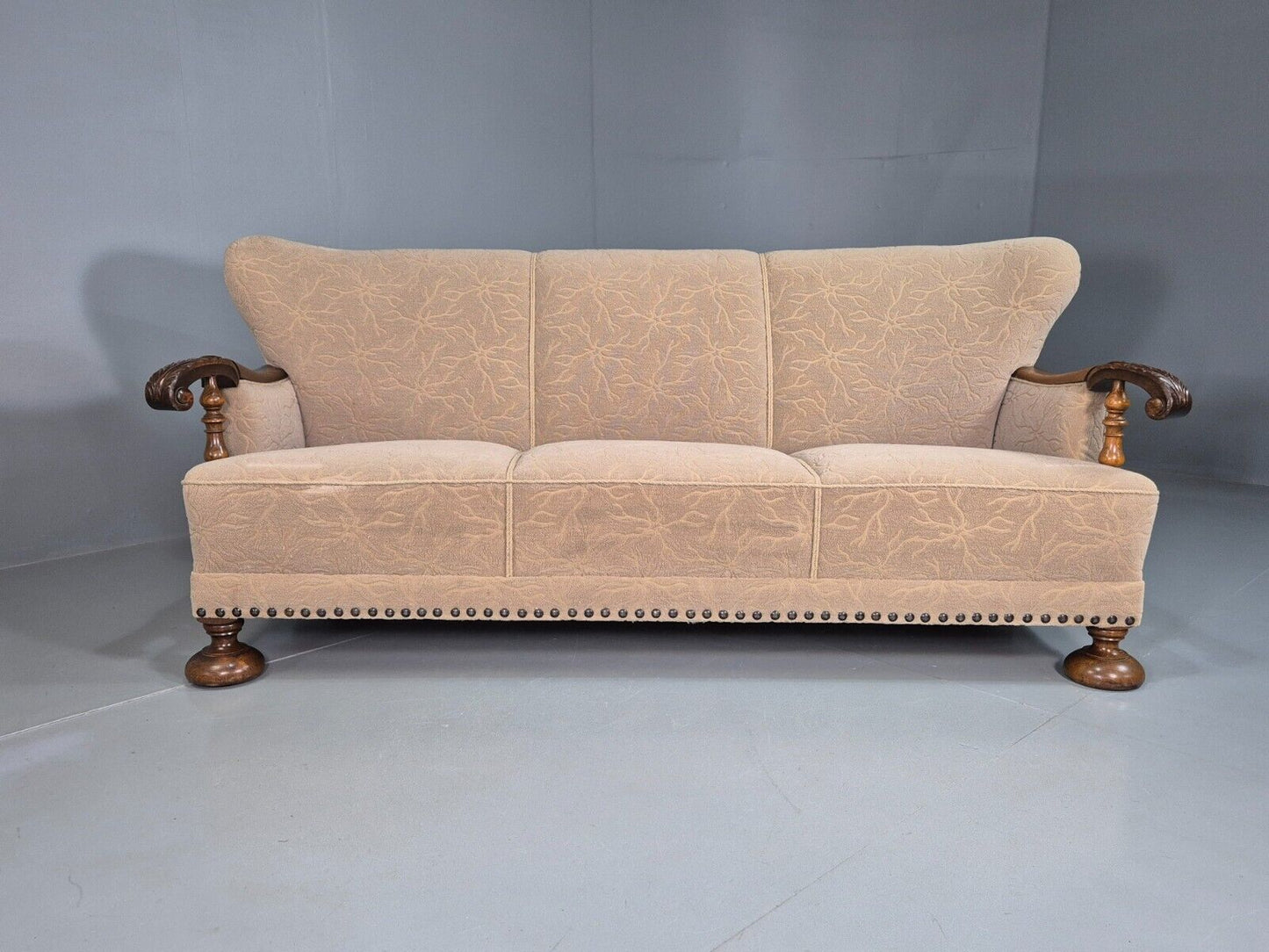 Vintage Danish 3 Seat Sofa Cream Moquette Oak Frame 1930s Antique EB7793 M3SS