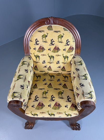 EB6675 Vintage Danish Lounge Chair Yellow Mahogany Paw Feet Antique Empire VCLO