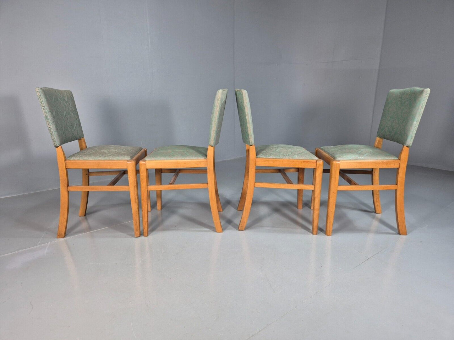 4 Vintage Dining Chairs Green Embossed Vinyl Beech Frame 1960s Retro EB7868 MDIN