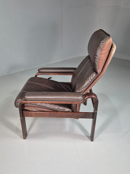 EB7576 Vintage Danish Lounge Chair Brown Leather Recline MCM Retro 1980s MBEN