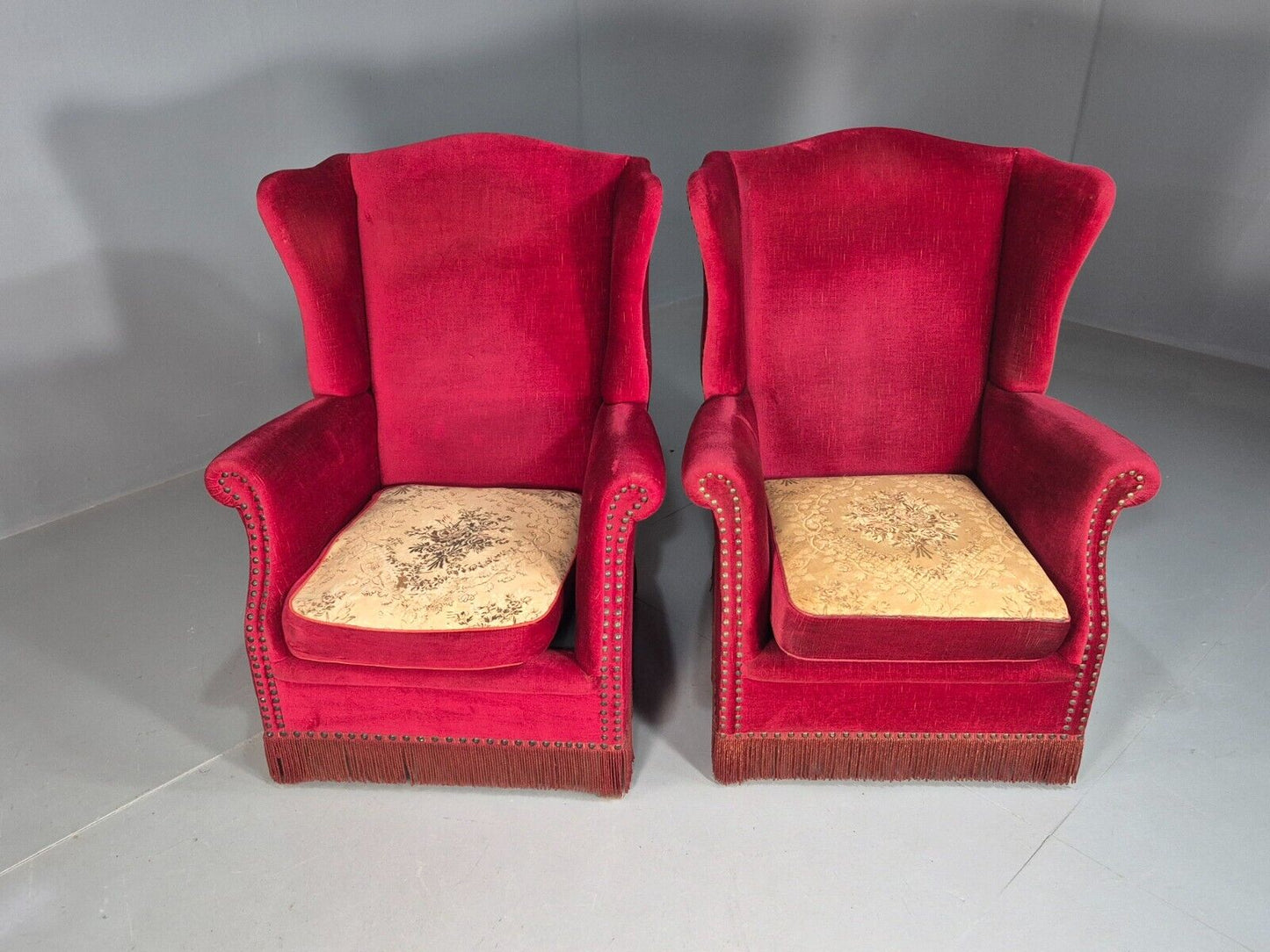 Pair Vintage Danish Wing Back Red Velour Studded Armchairs EB8059 VCLO