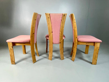 EB4798 3 Danish 1980s Pine & Pink Fabric Dining Chairs, Retro, Post Mod , MDIN