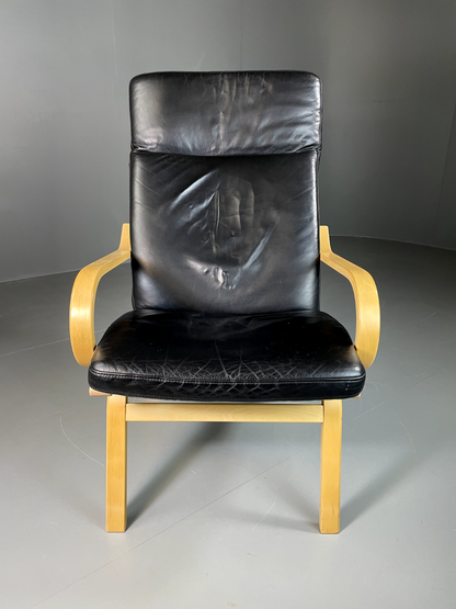 EB6089 Vintage Danish Lounge Chair, Black Leather, Bentwood, 1980s, Retro, MBEN