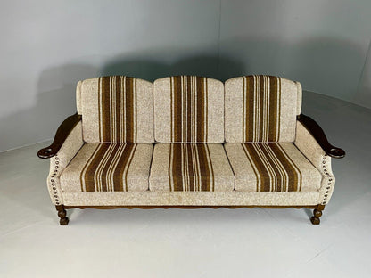 EB6735 Vintage Danish 3 Seat Sofa Cream and Green Wool Oak Frame Retro 1970 M3SS