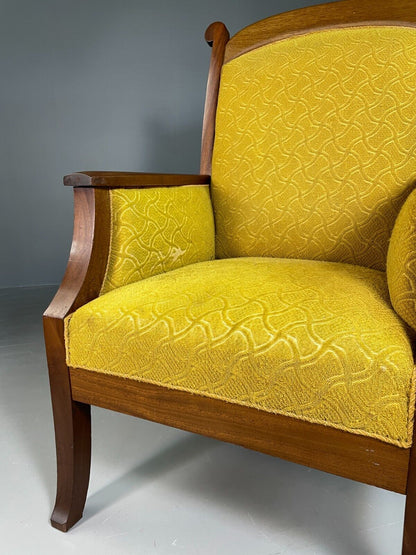 EB6584 Vintage Danish Lounge Chair Yellow Moquette Mahogany Antique Throne VCLO