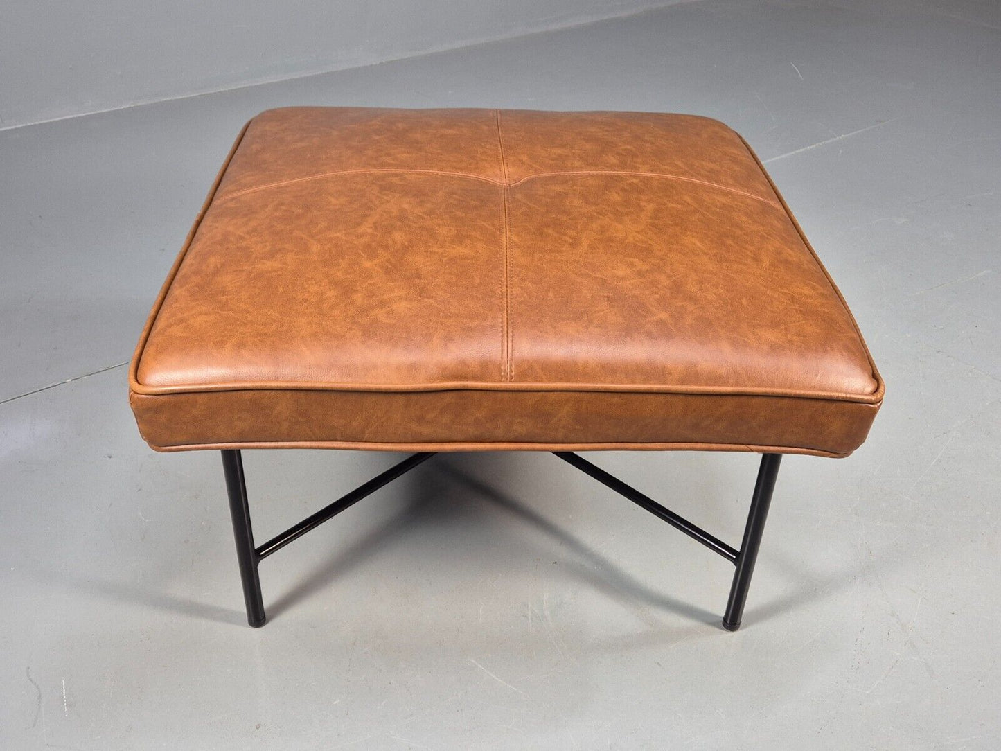 Vintage Footstool Brown Faux Leather Metal Base Retro EB8518 MFOO