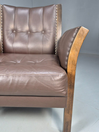 Vintage Danish Lounge Chair Brown Leather Beech Frame Antique Style EB8493 VLEA