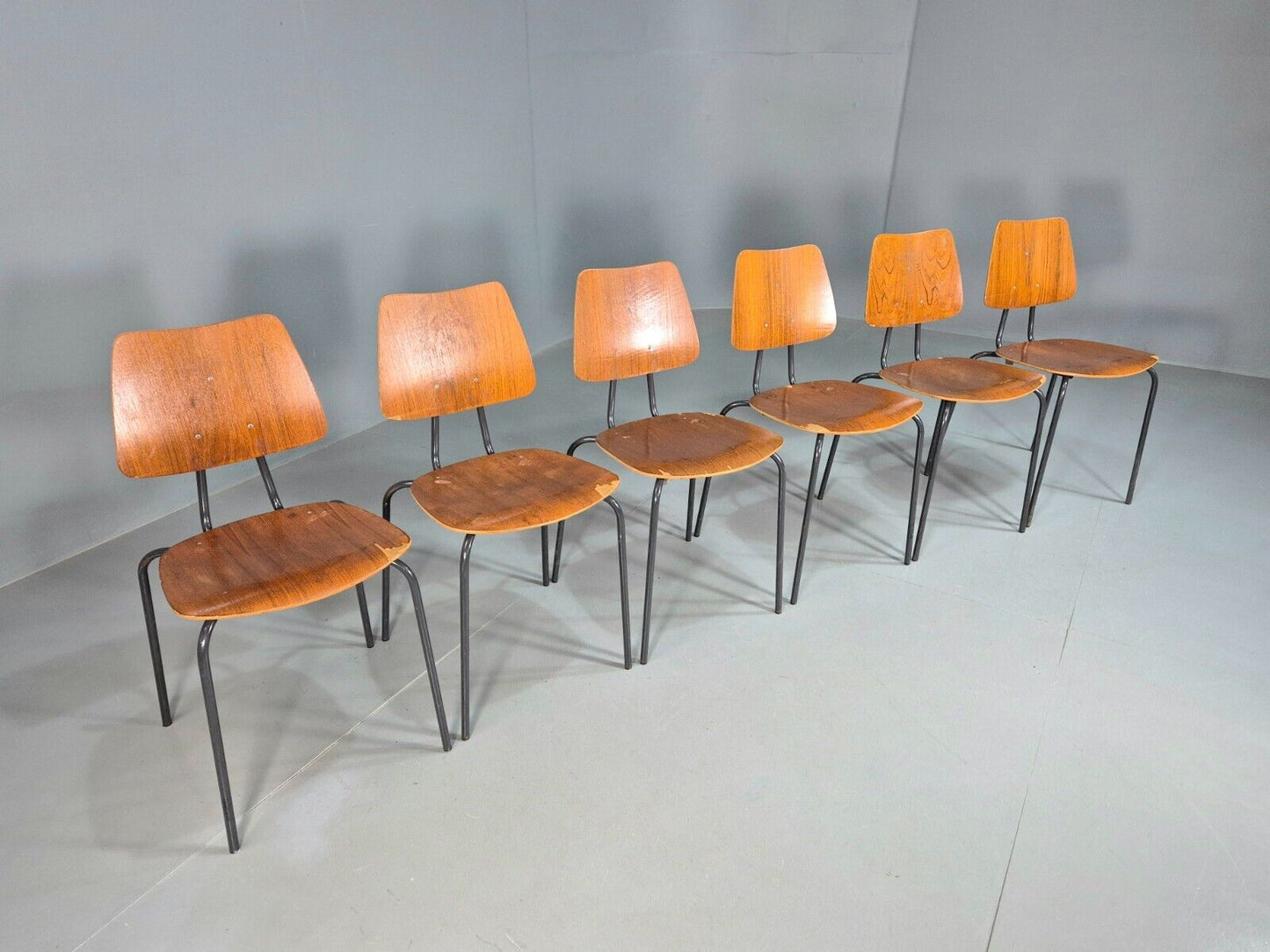 6 Vintage Danish Stacking Chairs Teak Plywood Steel Frame 1960 Retro EB8379 MSTA