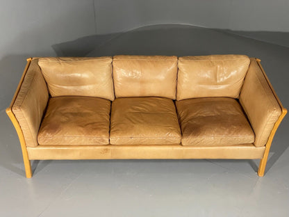 EB6370 Vintage Danish 3 Seat Sofa Tan leather Retro Mid Century Beech M3SS