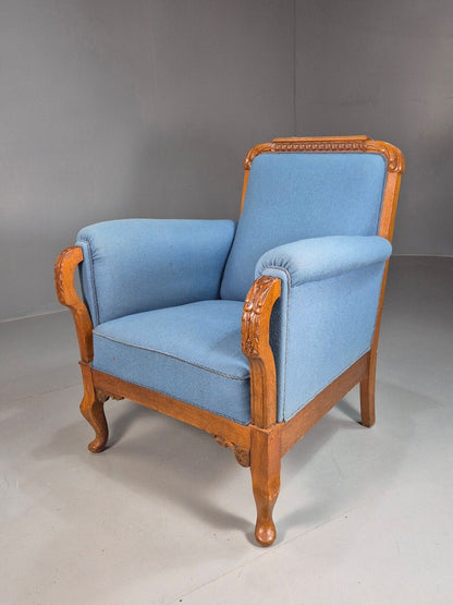 Vintage Danish Lounge Chair Blue Cloth Oak Frame 1900s Antique VCLO EB7813