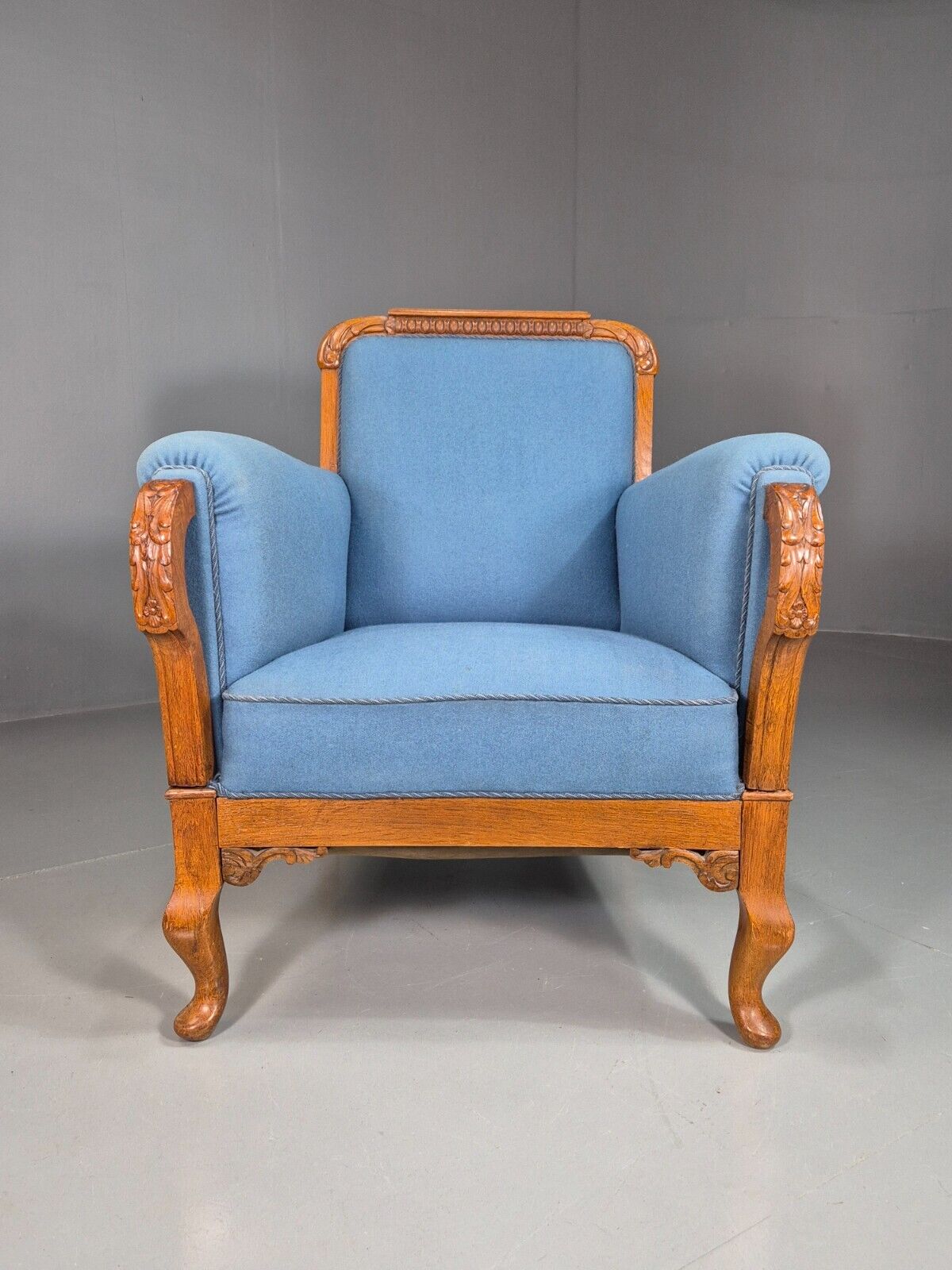 Vintage Danish Lounge Chair Blue Cloth Oak Frame 1900s Antique VCLO EB7813