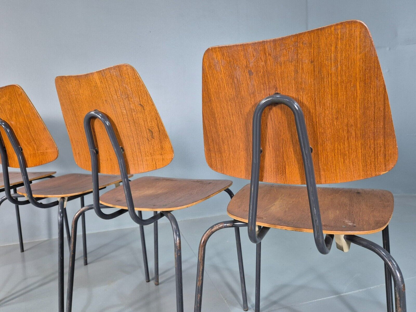 6 Vintage Danish Stacking Chairs Teak Plywood Steel Frame 1960 Retro EB8372 MSTA