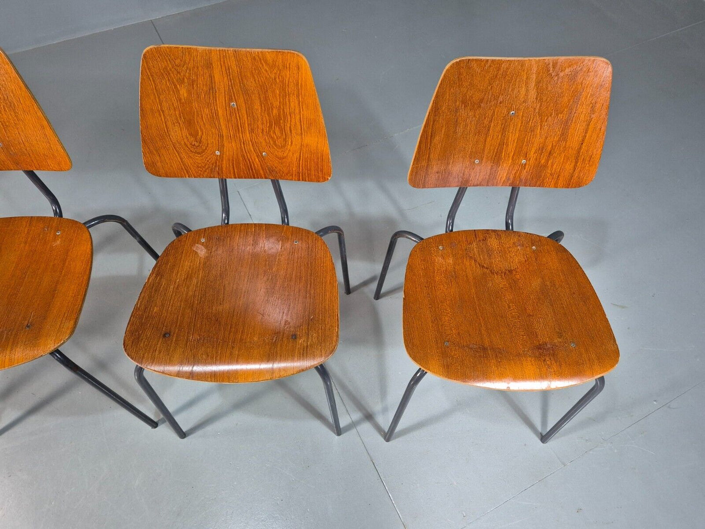 4 Vintage Danish Stacking Chairs Teak Plywood Steel Frame 1960 Retro EB8376 MSTA