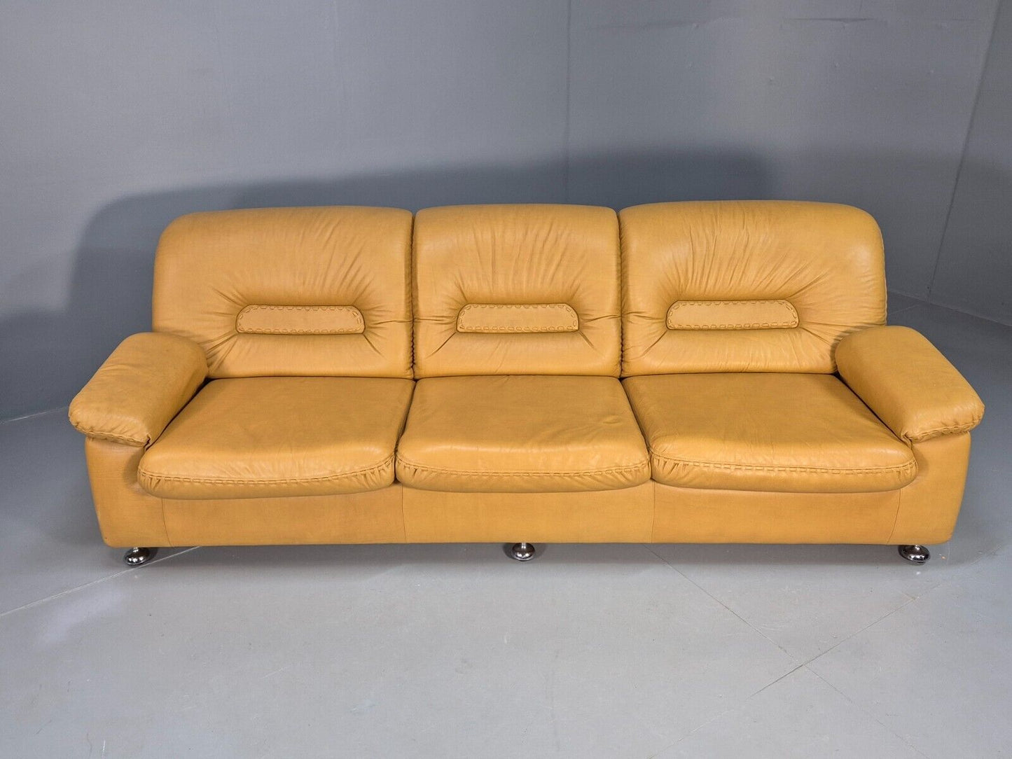 Vintage De Sede Style 3 Seat Sofa Mustard Leather Retro 1970 MCM EB8426 M3SS