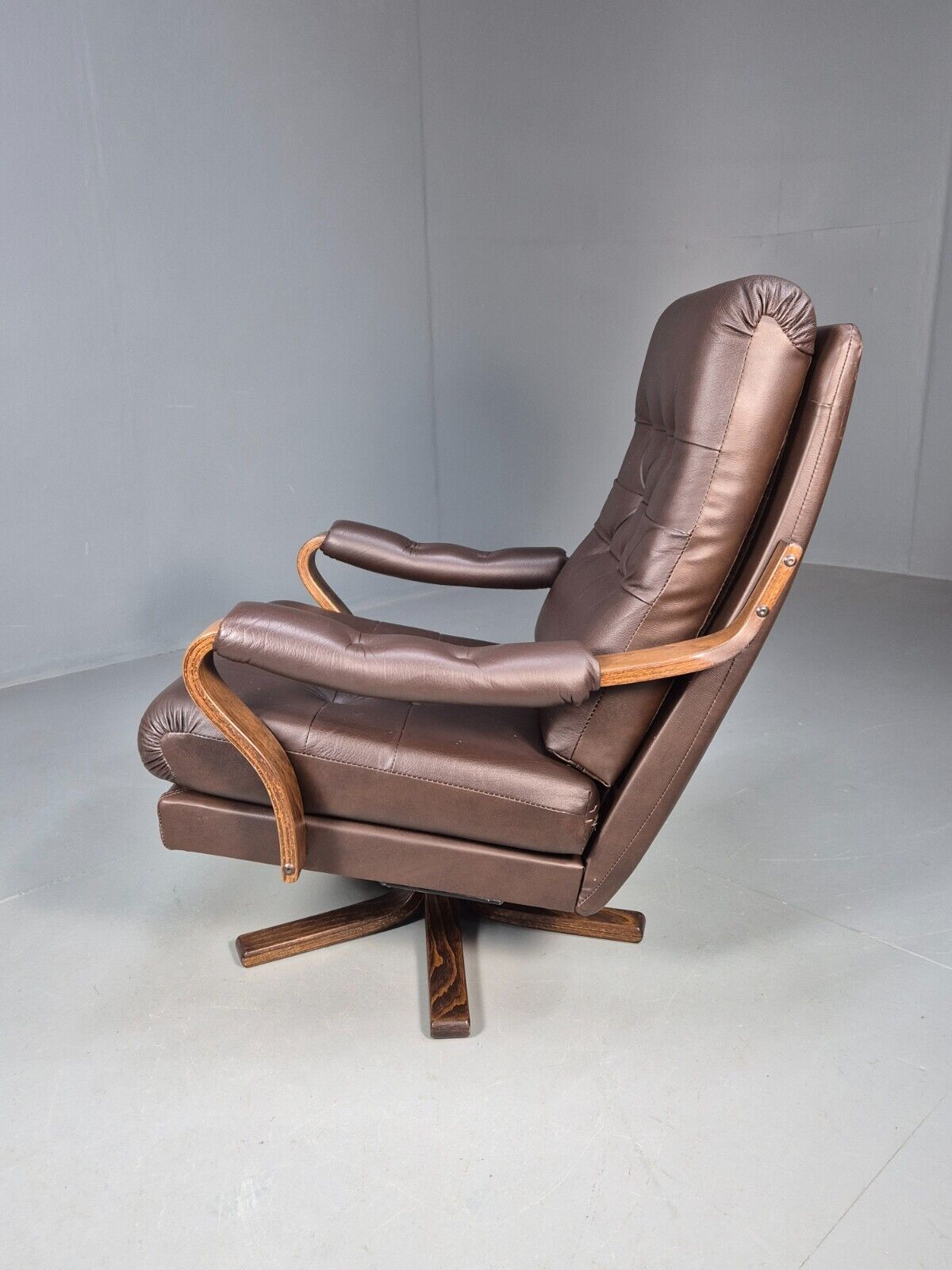 Vintage Danish Swivel Lounge Chair Brown Leather Bentwood 1970s MCM  EB8554 MBEN