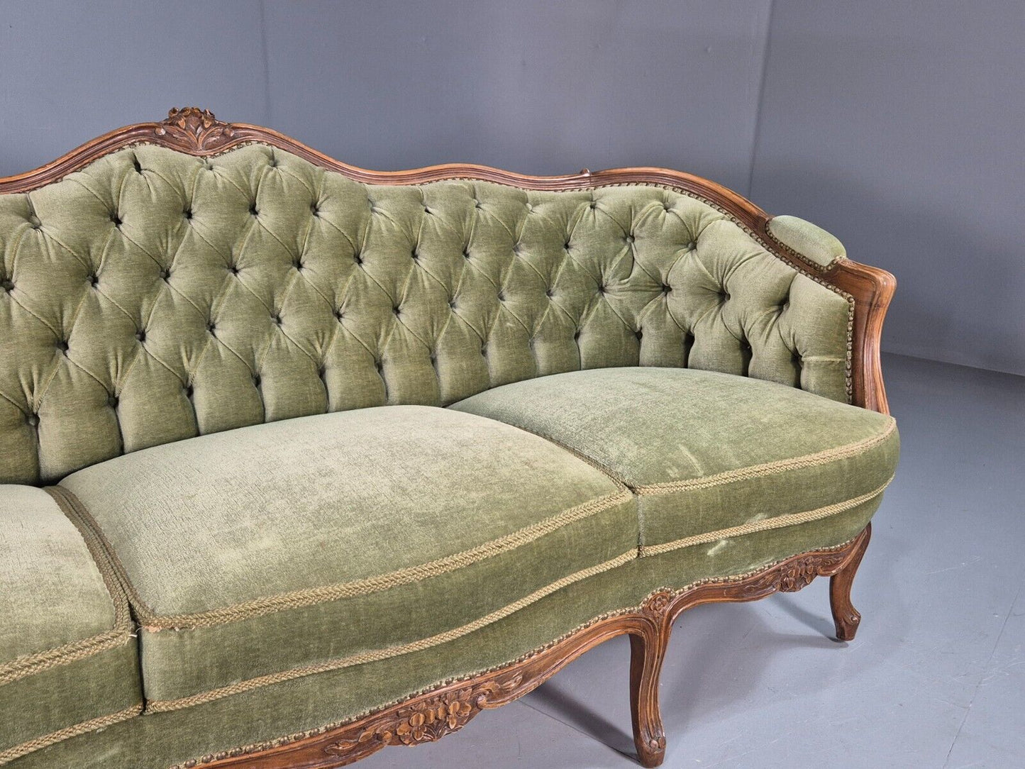 Vintage Three Seat Sofa French Regency Beech And Green Velour Button EB8012 V3SS