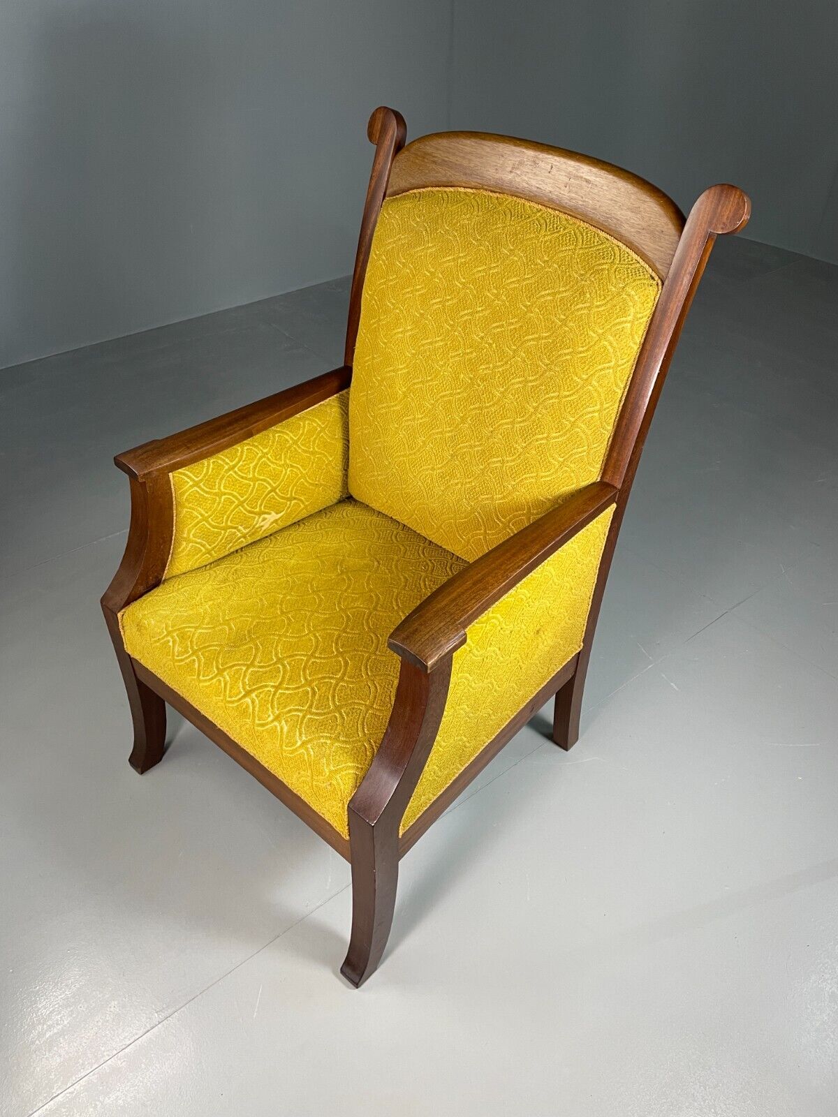 EB6584 Vintage Danish Lounge Chair Yellow Moquette Mahogany Antique Throne VCLO