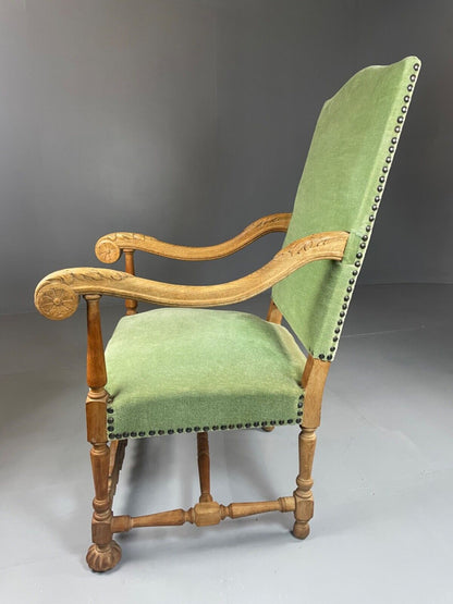 EB4649 Danish Early 20th Century Carved Oak And Green Velour Chair, Antique VCAR