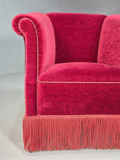 Vintage Danish Red Velour Tub Chair With Tassels Cabriole Legs  EB8013 VCLO