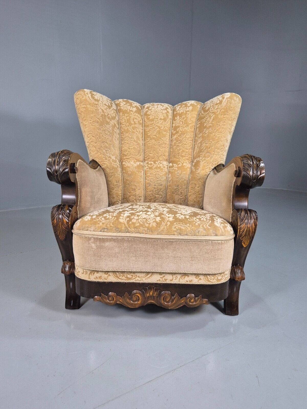 Vintage Danish Lounge Chair Beige Gold Upholstery Carved Frame 1930s EB7779 VCAR