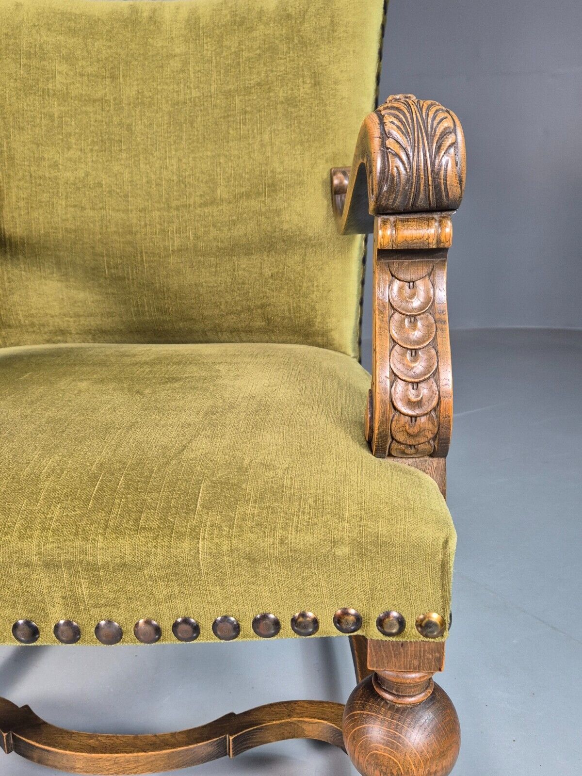 Vintage Danish Olive Green Velour Carved Oak Arm Chair Studded EB8050 VCAR