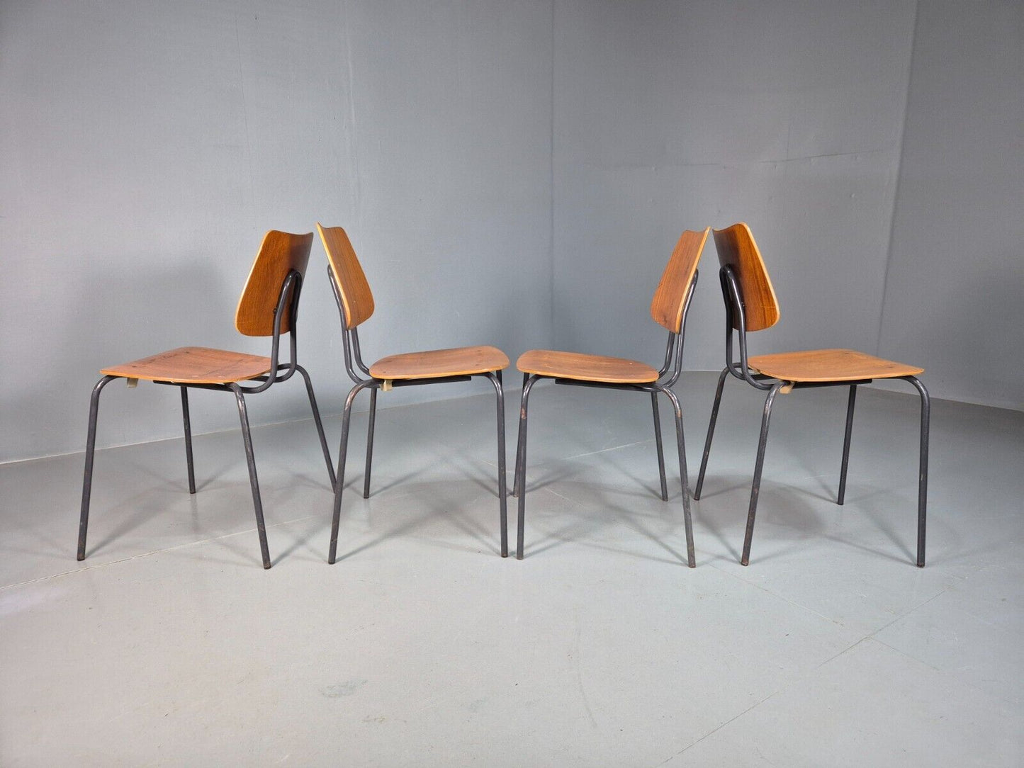 4 Vintage Danish Stacking Chairs Teak Plywood Steel Frame 1960 Retro EB8366 MSTA