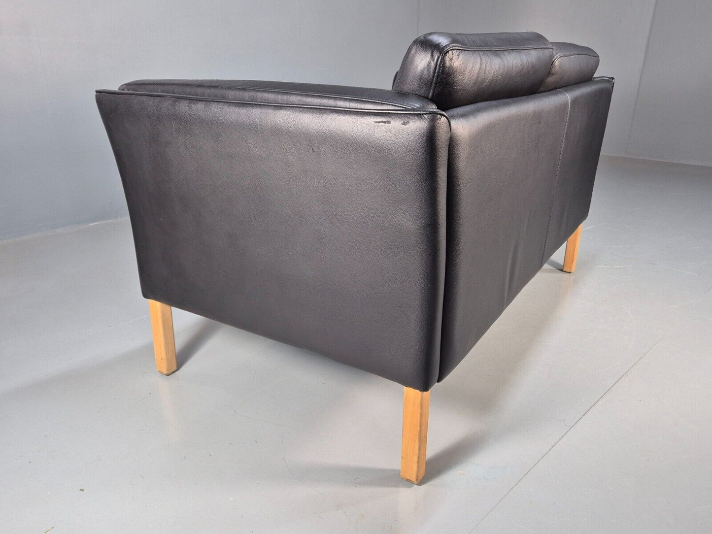 Vintage Danish 2 Seat Sofa Black Leather 1980s Retro MCM EB8536 M2SS