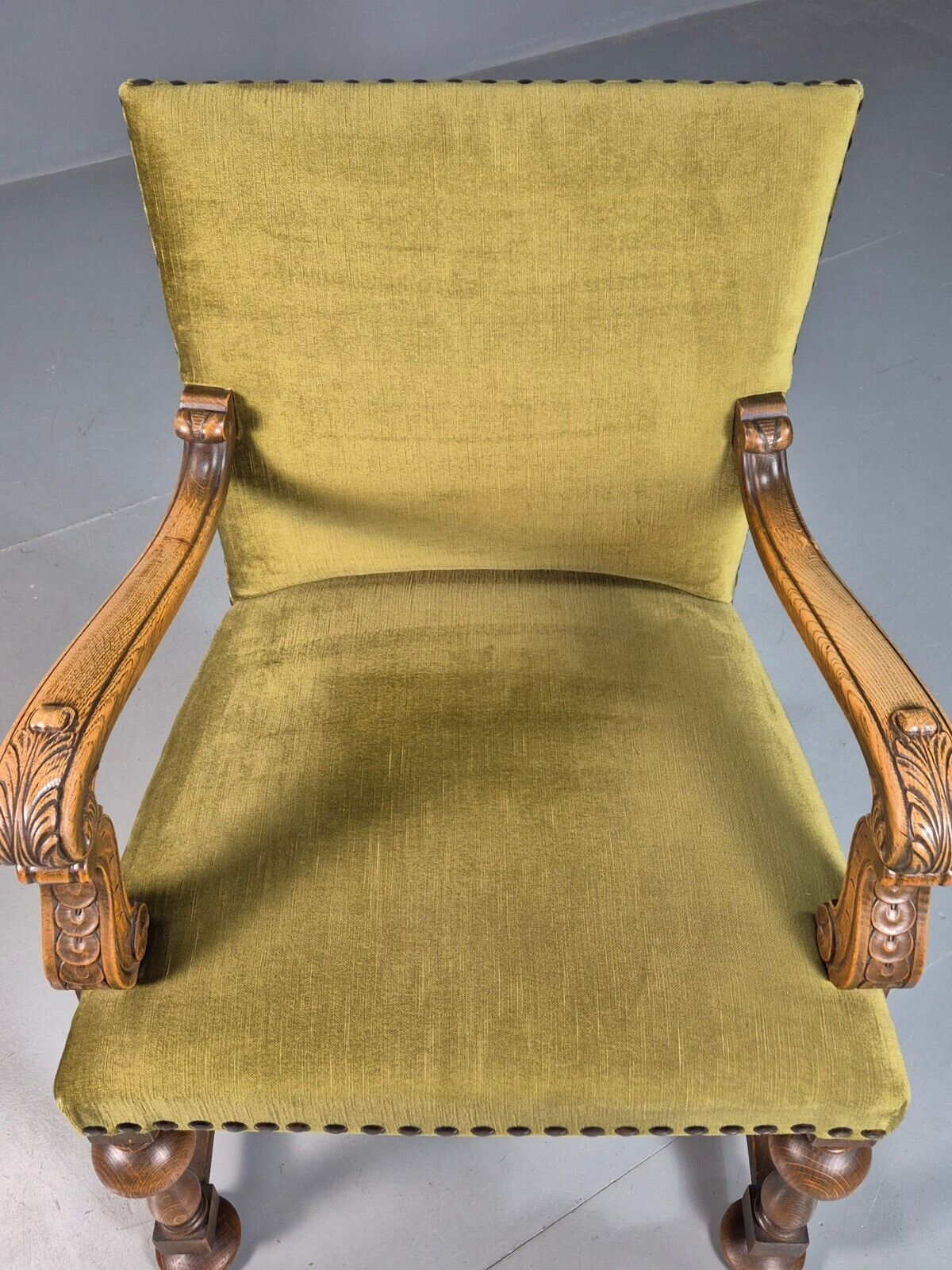 Vintage Danish Olive Green Velour Carved Oak Arm Chair Studded EB8050 VCAR