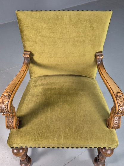 Vintage Danish Olive Green Velour Carved Oak Arm Chair Studded EB8050 VCAR