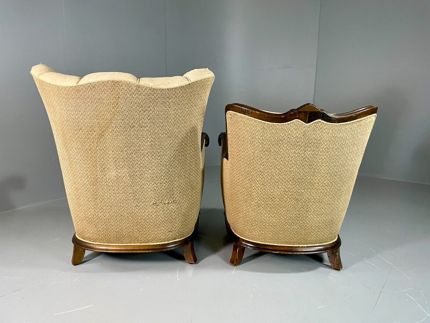 EB6395 2 Vintage Danish Lounge Chairs Antique Deco Cabriole Leg Brocade VCLO