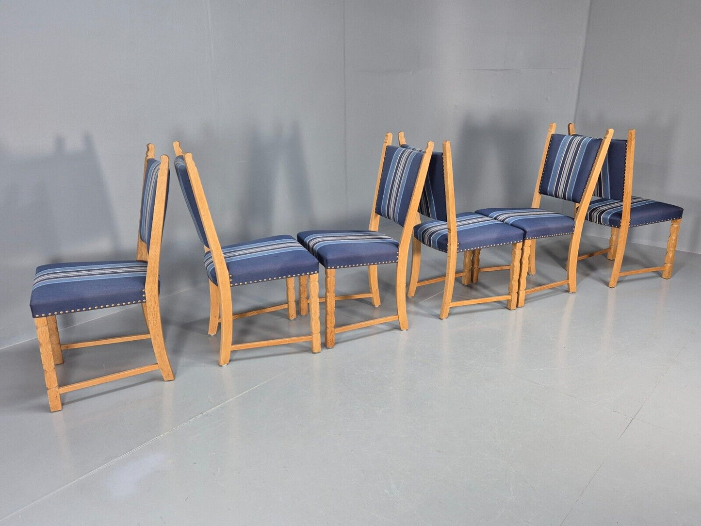 6 Vintage Danish Dining Chairs Blue Wool Oak Kjaernulf Style 1970s EB8300 MDIN