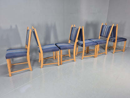 6 Vintage Danish Dining Chairs Blue Wool Oak Kjaernulf Style 1970s EB8300 MDIN