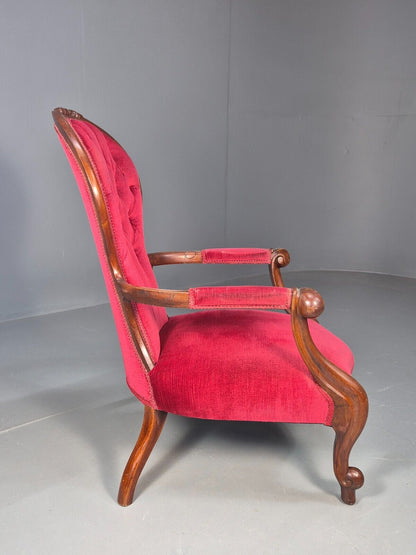 Vintage Fauteuil Chair Red Buttoned Velour Mahogany Antique 1900s  EB8440 VCAR