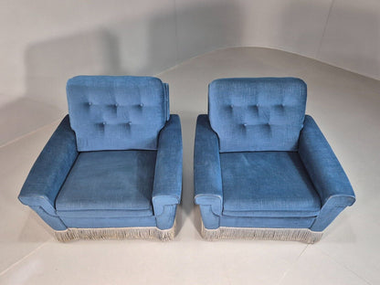 Pair Vintand Danish Blue Velour Armchairs Tassels Chrome Retro EB8021 MNOR