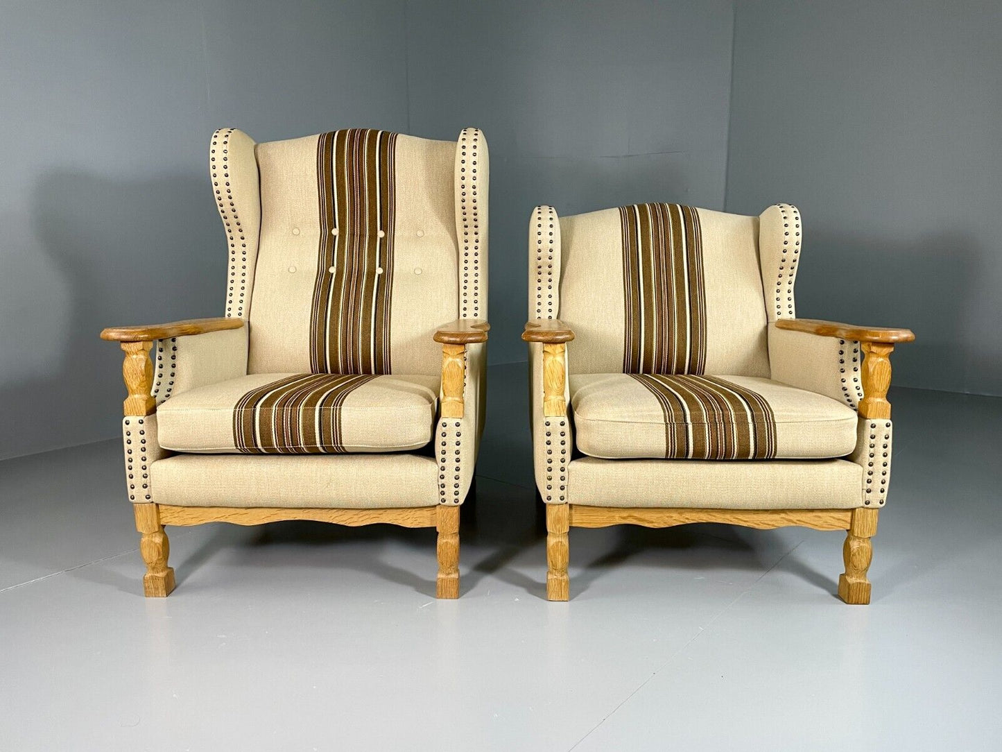 EB6491 Vintage Danish Pair of Armchairs Oak Frame Cream and Brown Fabric VCLO