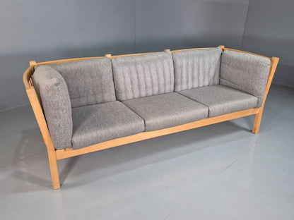 Vintage Danish 3 Seat Sofa Grey Blue Upholstery Oak Frame 1970s MCM EB7457 M3SS