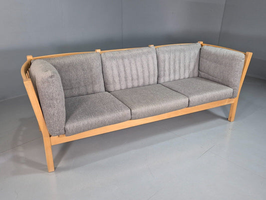 Vintage Danish 3 Seat Sofa Grey Blue Upholstery Oak Frame 1970s MCM EB7457 M3SS