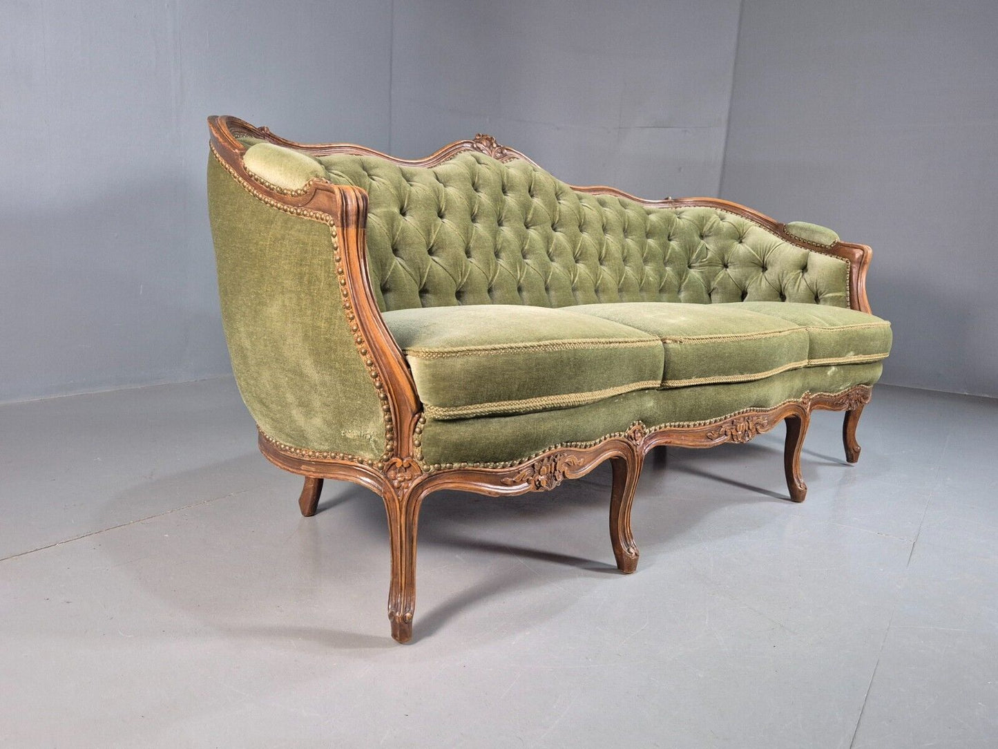 Vintage Three Seat Sofa French Regency Beech And Green Velour Button EB8012 V3SS