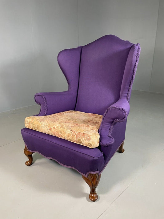 EB6982 Vintage Wingback Lounge Chair Purple Cotton Georgian Antique Style MNOR