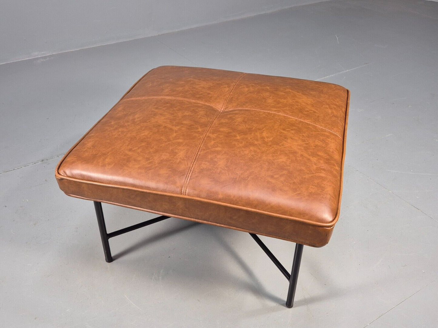 Vintage Footstool Brown Faux Leather Metal Base Retro EB8518 MFOO