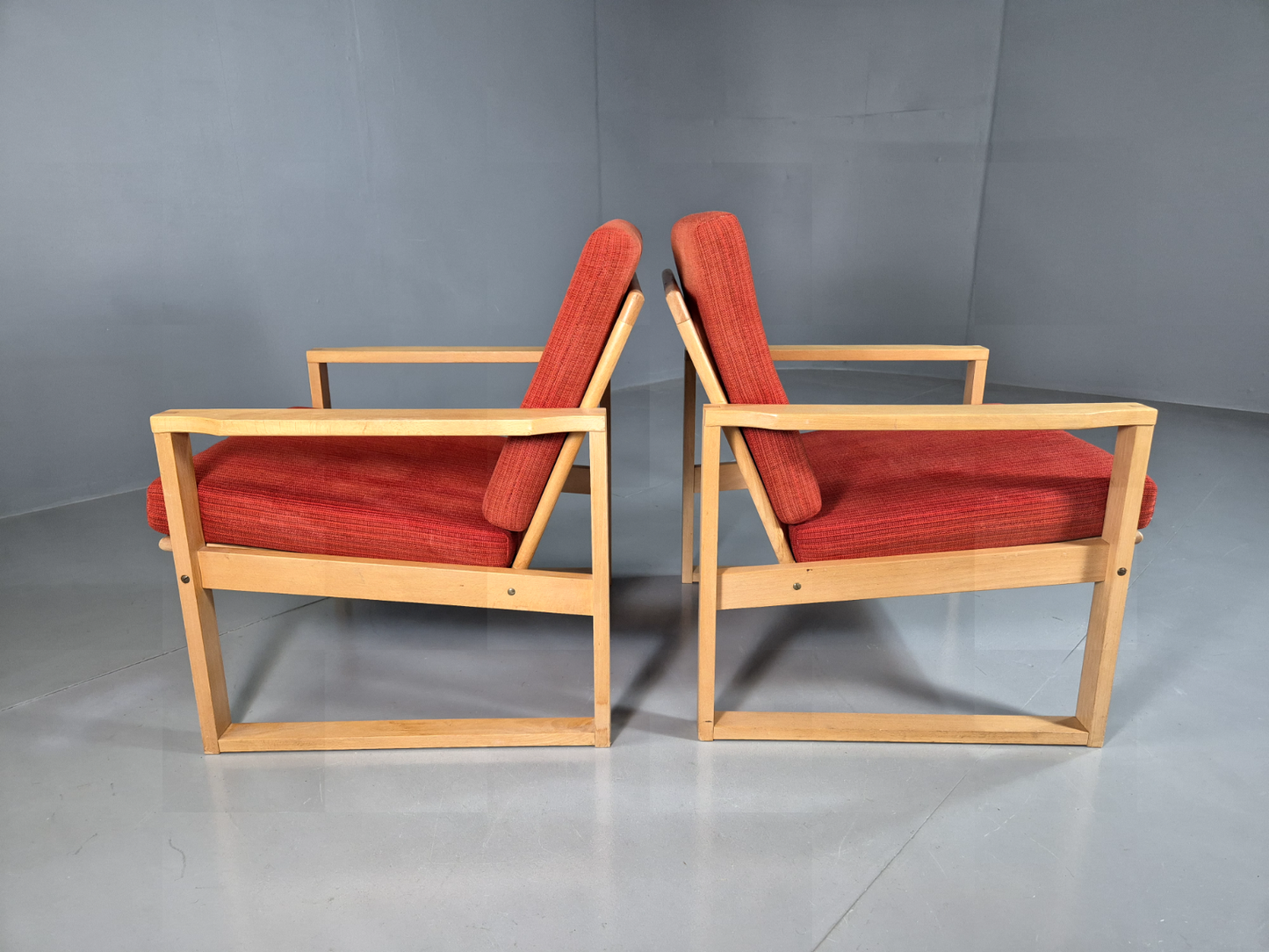 EB7221 2 Swedish Lounge Chairs Beech Frame Red Wool Retro MCM 1960s MNOR