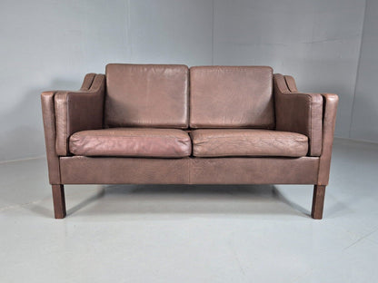 Vintage Danish 2 Seat Sofa Brown Leather Mogensen Style 1970s Retro EB7648 M2SS