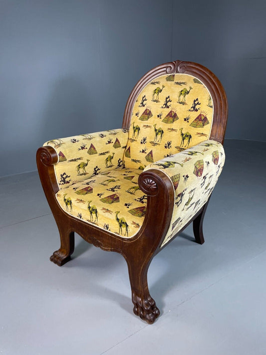 EB6675 Vintage Danish Lounge Chair Yellow Mahogany Paw Feet Antique Empire VCLO