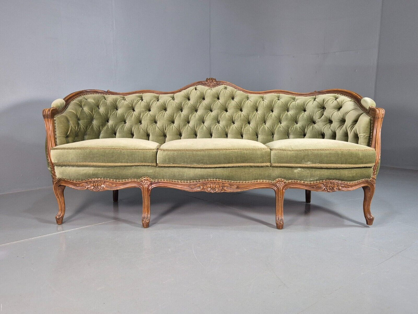 Vintage Three Seat Sofa French Regency Beech And Green Velour Button EB8012 V3SS