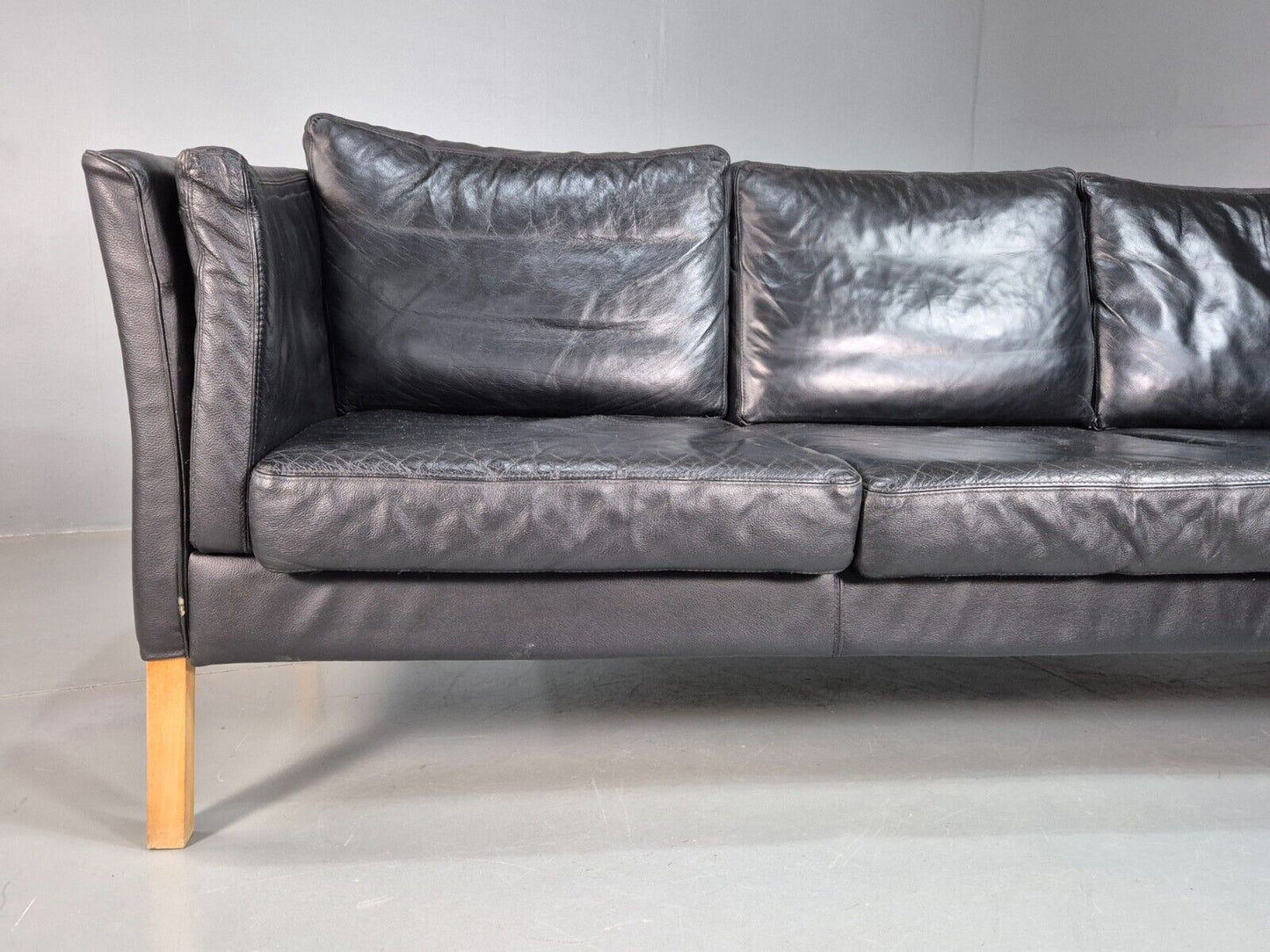 Vintage Danish 3 Seat Sofa Black Leather Retro MCM 1980s EB7620 M3SS