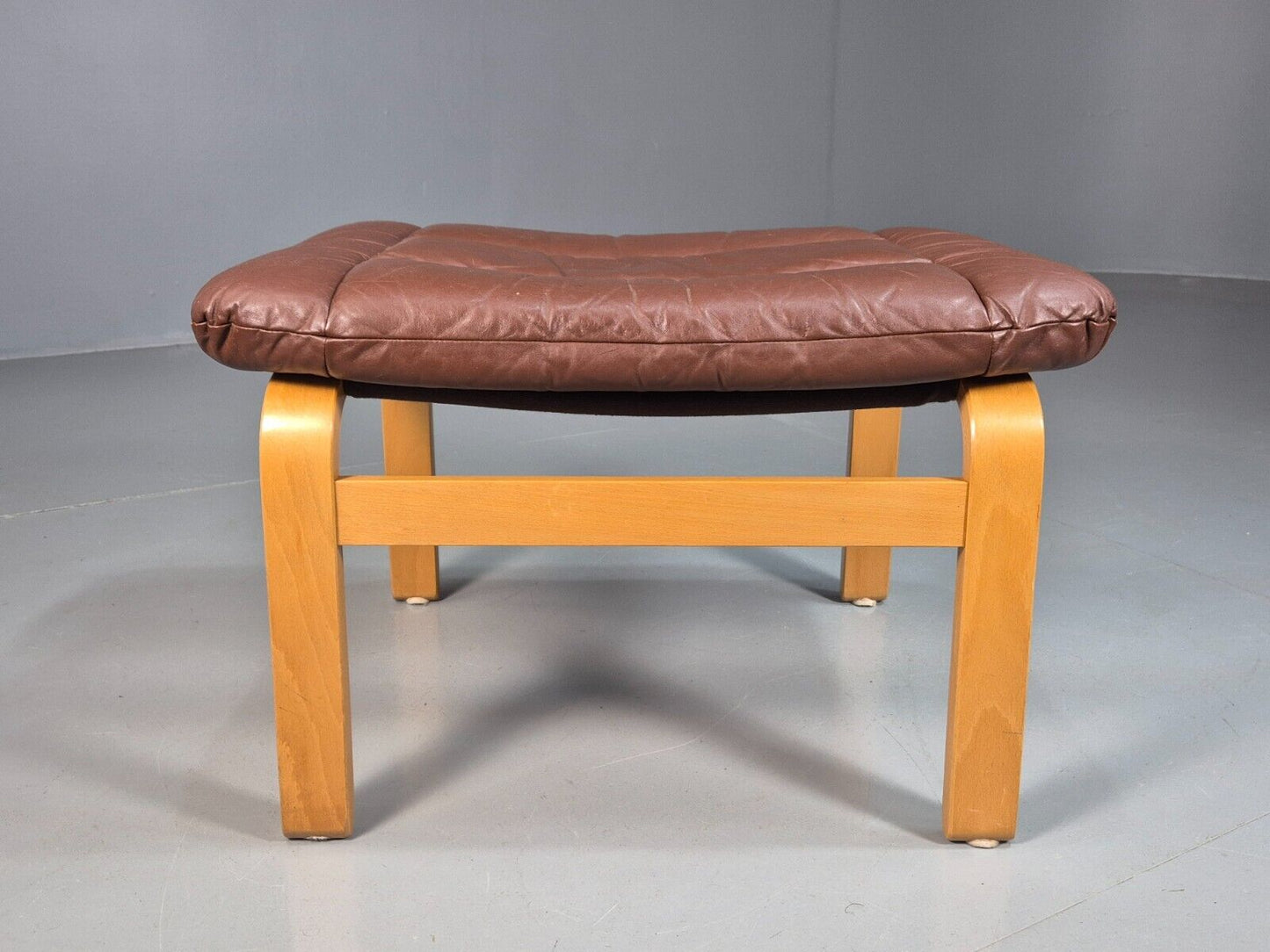 Vintage Danish Footstool Brown Leather Blonde Bentwood Retro MCM EB7884 MFOO