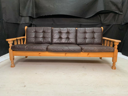 EB2335 Danish Pine 3 Seater Brown Leather Sofa 1970 Vintage Retro M3SS