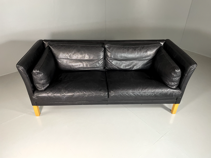 EB5862 Vintage Danish 2 Seat Sofa in Black Leather Beech Legs Retro Seating M2SS