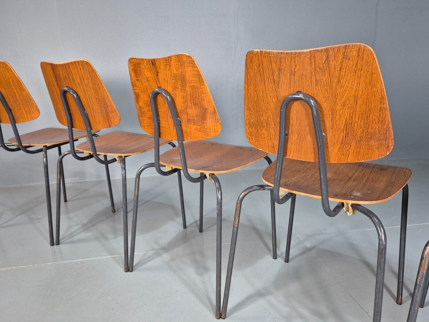 6 Vintage Danish Stacking Chairs Teak Plywood Steel Frame 1960 Retro EB8375 MSTA